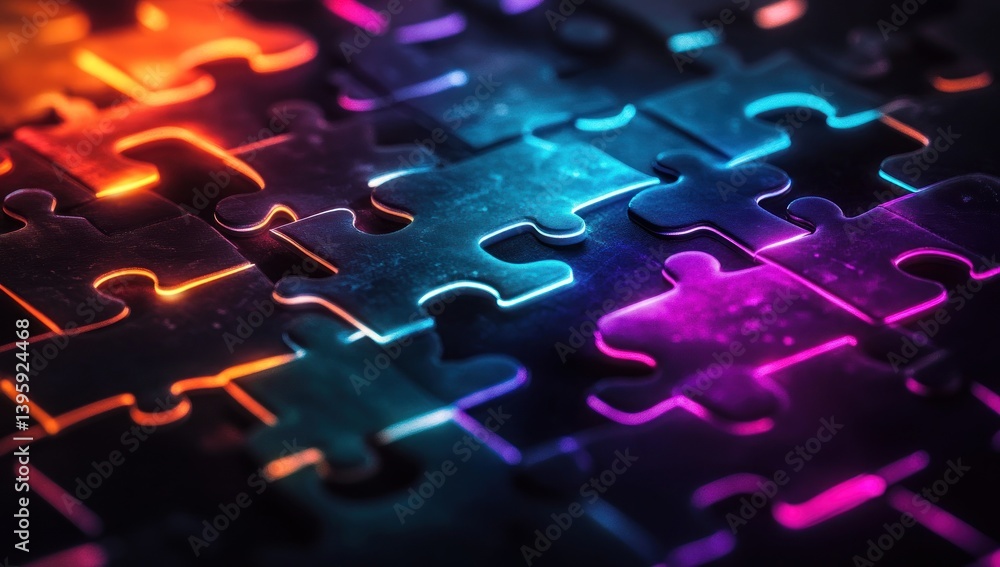 Poster neon jigsaw puzzle: a vivid representation of problem-solving and connection