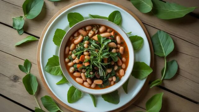 Vegetarian stew served in a small dish on a white plate, topped with freshly picked greens, placed on a wooden backdrop, highlighting a healthy allotment.