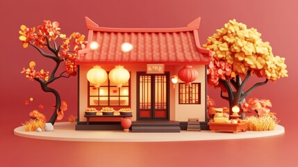 of a Chinese ancient-style street food shop building model with lanterns and autumn trees on a soft red background