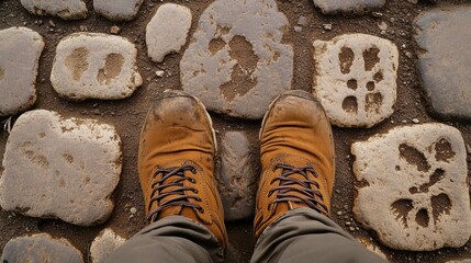 Feet in running shoes on cobbled street with hoofprints and dust