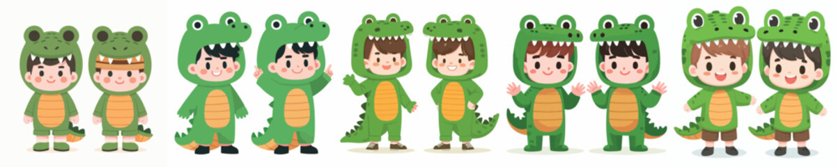 Collection of cute and adorable vectors of boys wearing crocodile costumes