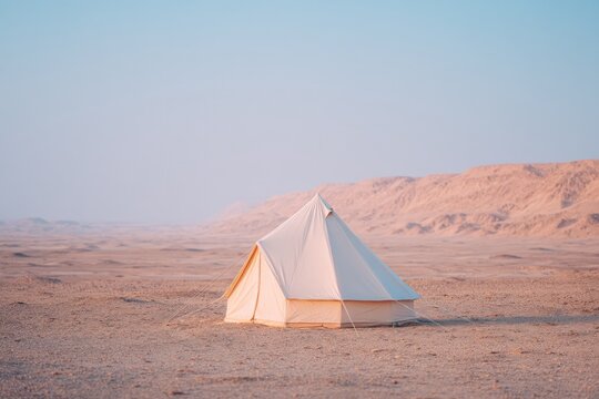 minimalistic image of unoccupied refuge camp tent amidst barren landscape symbolizing solitude and hope vast copy space