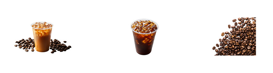 Coffee drinks and beans composition, on a black background, cut out transparent