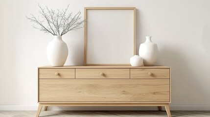 A minimalist corner featuring a wooden chest of drawers with a wooden picture frame on top, white ceramic vases nearby