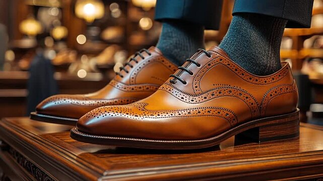 Stylish brown leather brogues on display in a shop