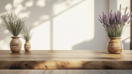 Fototapeta premium Two wooden vases filled with lavender flowers on a rustic wooden table, soft lighting casting shadows, minimalist natural style, white background.