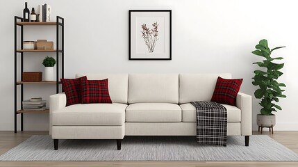 Bright Living Room Scene Featuring a Cream Sofa, Tartan Accents, Plant, Shelves and Abstract Artwork Interior Home Design.