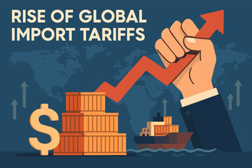 Rise of global import tariffs concept with shipping containers and cargo ships. Vector illustration