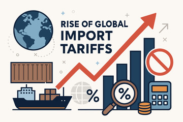 Rising global import tariffs with shipping and financial icons. Vector illustration
