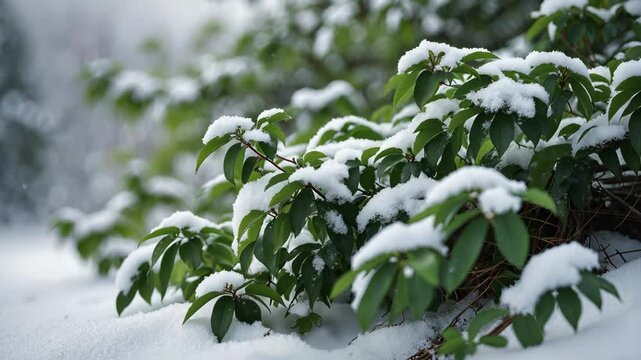 Prunus laurocerasus flourishes under the snow.