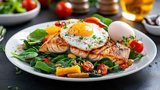 A selection of nutritious foods including fish, eggs, nuts, and spinach, arranged for a balanced breakfast, offering a nutrient-rich start to the day.