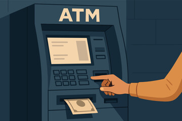 Using an atm for cash withdrawal concept. Flat vector illustration