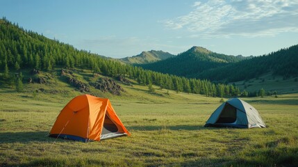 Orange and green tents in serene mountain landscape with pine forest and clear sky