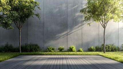 A modern minimalist house garden, with a gray wall background, wooden floor, and green grass