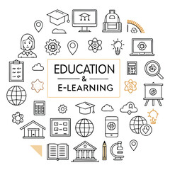 Education and E-learning Icons | Online Learning, School, Teacher, Book, Graduation, E-course, Diploma, Knowledge, Classroom, Study, Reading, Academic Vector Line Icons