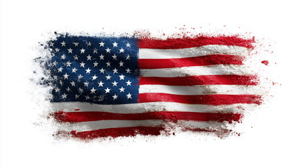 Distressed, grunge-style illustration of the American flag with a splatter effect around the edges, isolated on a white background. Represents patriotism, USA, and a textured, dynamic design.