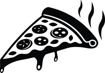 Hot pepperoni and mushroom pizza slice silhouette black vector illustration