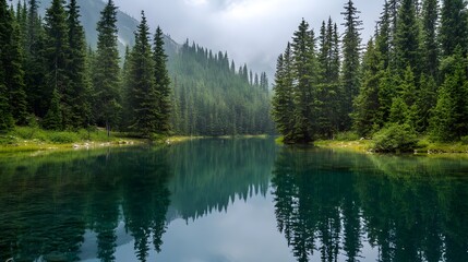 Serene Forest Lake Landscape: A tranquil lake mirrors the towering evergreen trees of a vast forest under a misty sky, creating a scenic, atmospheric environment of peace and natural beauty.
