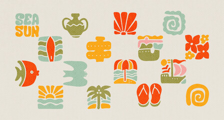 Set of trendy hand drawn abstract symbols of summer nature, sea vacation , surf vibes and blooming plants. Large collection, unusual organic forms in squared art-matisse style by hand. Flat Vector