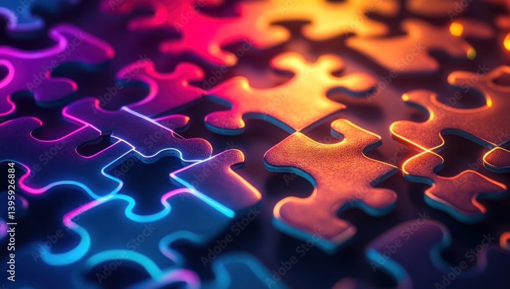 Poster vibrant puzzle pieces interlocking: a close-up view of colorful puzzle game