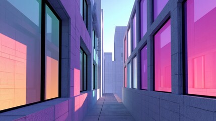 Fototapeta premium abstract architecture, surreal cityscape with irregular angles, open frames, fragmented architecture, and rainbow gradient blocks, creating strong empty space