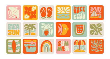 Summer Boho Nature simple flat elements Set. Groovy Geometric Summer Palm Leaf, coral, sunset, sea, beach, surf. Vector Abstract Square Tropical Icons in Freehand Retro Style for Logo, Print, Poster © LanaSham
