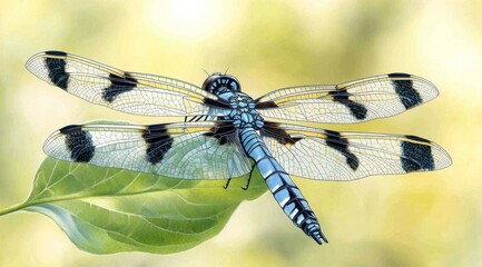 A blue and green dragonfly with black and white wings is perched on the edge of a green leaf.