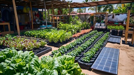 Cultivating Growth: A Vibrant Vegetable Garden with Solar Panels: A sun-drenched vegetable garden flourishes, showcasing rows of lush greens.