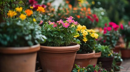Terracotta flower pots with pink, yellow, and red blooms, lush green foliage background, soft natural lighting creating a warm gardening atmosphere.