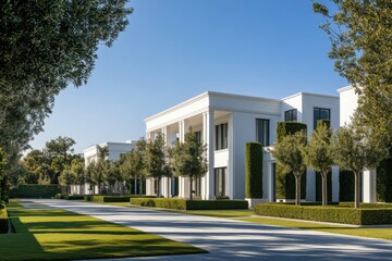 Obraz premium Exterior of modern white building with manicured lawn and trees in daytime