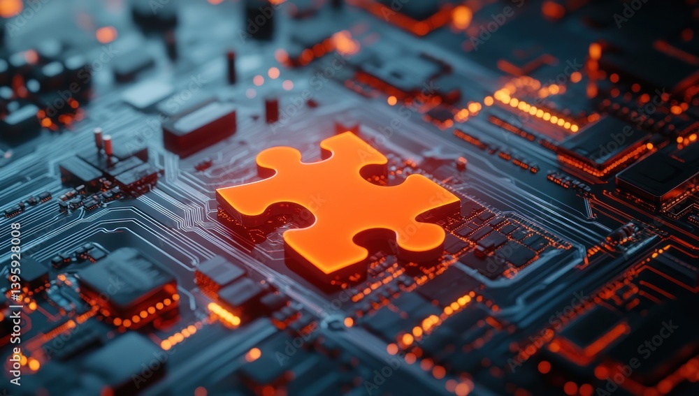 Poster the missing piece: a 3d render of a glowing orange puzzle piece on a circuit board, symbolizing tech