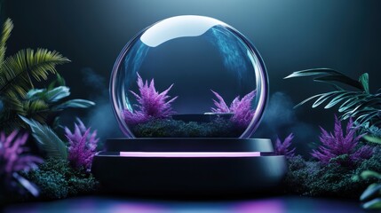suspended orb capsule with crystal-tech dining pod, future flora, touch-activated table, and futuristic sun-mirror projections, a surreal design concept
