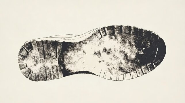 A black-and-white style image with a clear shoe print as the main subject, showcasing detailed tread patterns on the sole, set against a solid-color background to emphasize the shoe print.