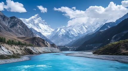 Obraz premium Majestic Mountain Vista: A breathtaking panorama unfolds as turquoise river carves its path through a dramatic mountain range, with snow-capped peaks piercing a vibrant, cloud-strewn azure sky. 