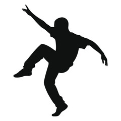 Dynamic Silhouette of a Dancing Person/A bold, black silhouette of a person mid-dance, captured in a dynamic pose against a neutral gray background.