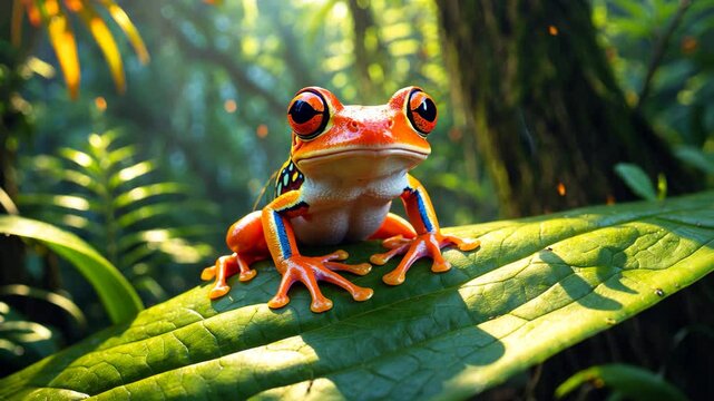 Close-up of a red-eyed tree frog on green leaves, Exotic rainforest creature.