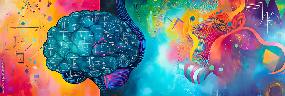 Poster two parts of the brain, one half is an electric blue color with mathematical equations and formulas 