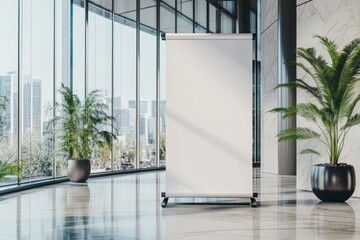 A mockup of an empty white roll-up banner, placed in the lobby area of an office building with large windows and marble floors