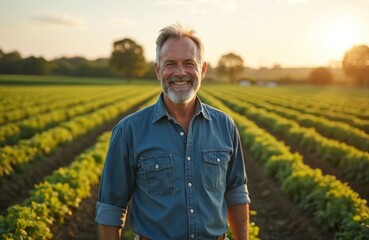 Smiling middle-aged caucasian farmer on field. Happy man works on farm, sunset light. Portrait of agriculturer in denim shirt. Cultivation, agronomy, harvest in countryside.