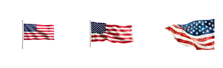 Fototapeta premium Three American flags, patriotic symbol, independence day concept, cut out transparent