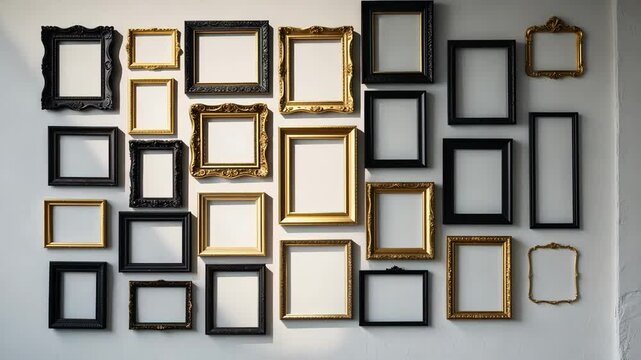 Several small blank photo frames displayed on a white wall.