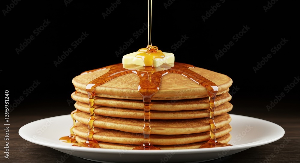 Poster a stack of pancakes with butter and syrup being poured on top against a dark background in a studio 