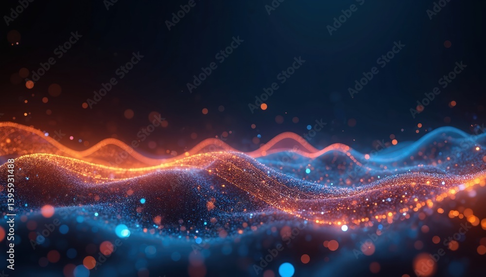 Aufkleber Abstract digital landscape, representing big data analytics, modern tech, artificial intelligence. Waves with orange, blue bokeh lights. Futuristic design for innovative applications, data