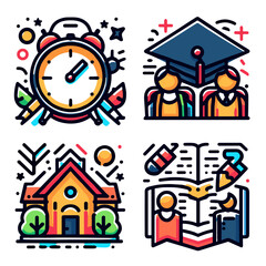 Educational icons illustrating school, students, and learning concepts  