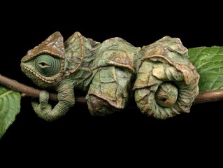 A reptile resting on a tree branch. The creature's textured skin features shades of green and brown. The background is a solid black.