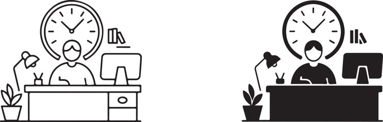  Vector illustration of a person working at a desk with a clock above, symbolizing work, time management, and office life in modern digital design