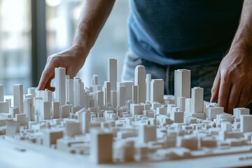 Hands manipulate a detailed miniature city model, capturing the intricate art of urban planning and architectural design.