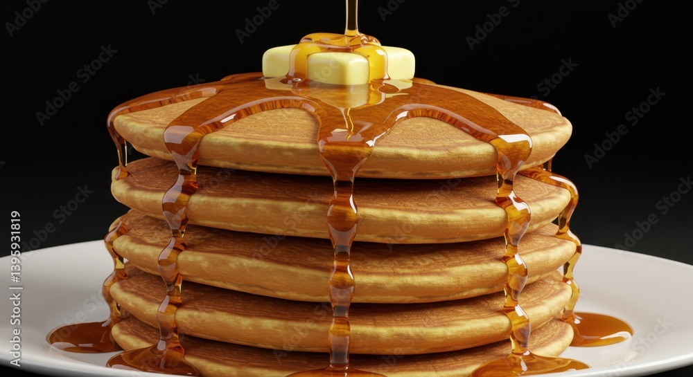 Poster a stack of pancakes topped with butter and syrup on a white plate against a dark background scene vi