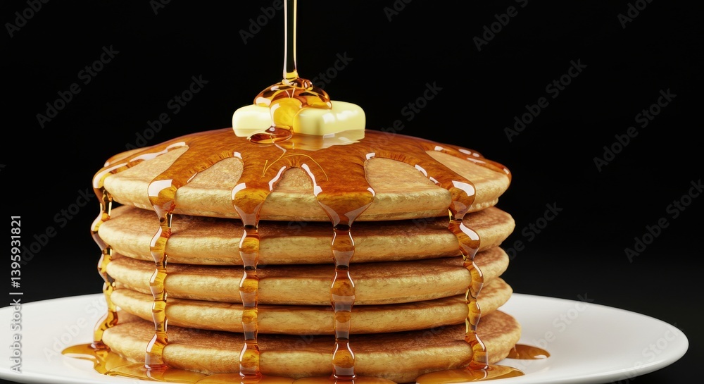 Poster a stack of pancakes with butter and syrup being poured on top against a dark background in a studio 