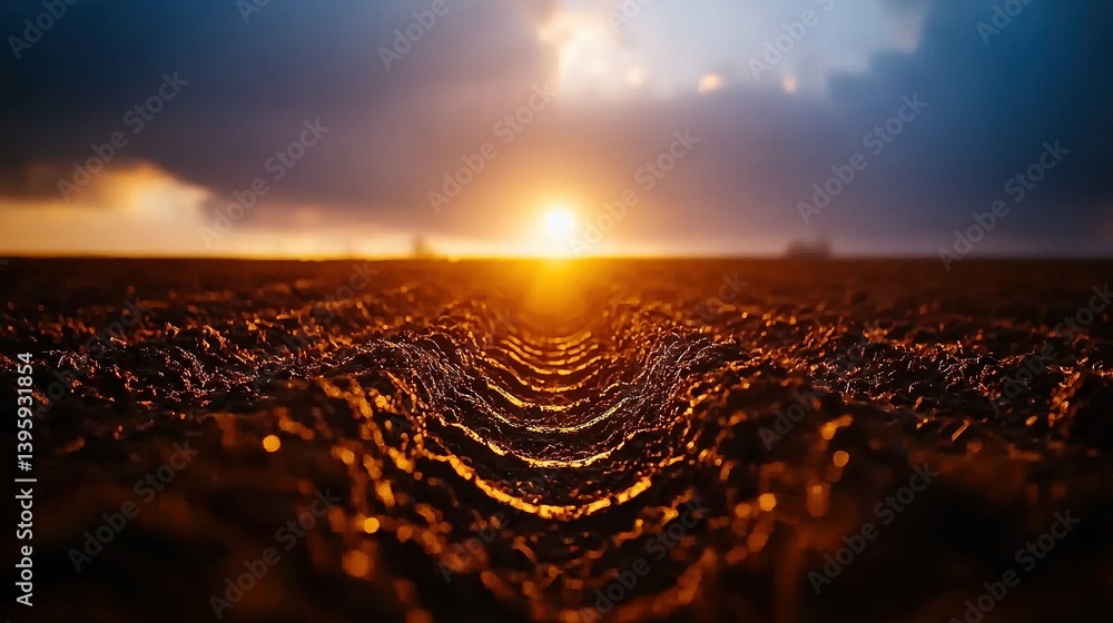 Wall mural the sun sets over a vast green field with rippling lines in the foreground